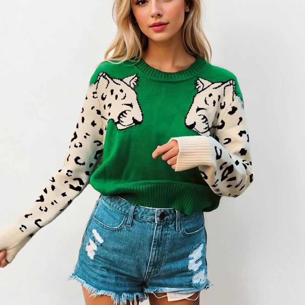 Green Leopard Print Sweater